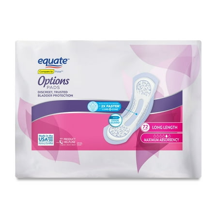 Equuate Options Women's Incontinence Pads, Maximum Absorbency, Long Length (72 Count), Compare to Poise®
