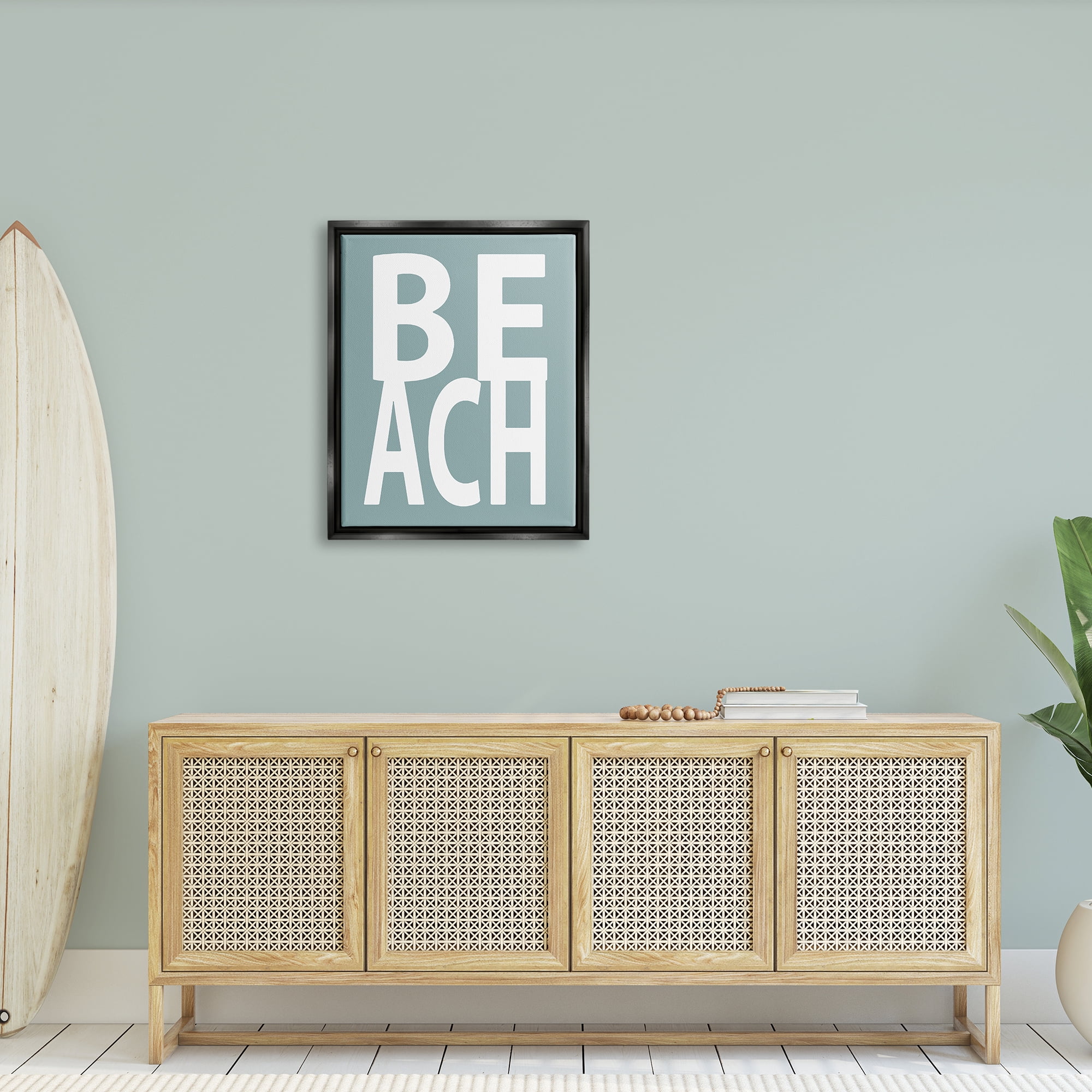 Stupell Beach Turquoise Text Phrase Landscape Painting Black Floater Framed Art Print Wall Art