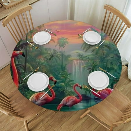

Palnkart Flamingos Round Table Cover Stain Resistant Washable Indoor Outdoor Tablecloth Kitchen Dining Wedding Parties Elastic Edge 100% Polyester Fiber 54-58