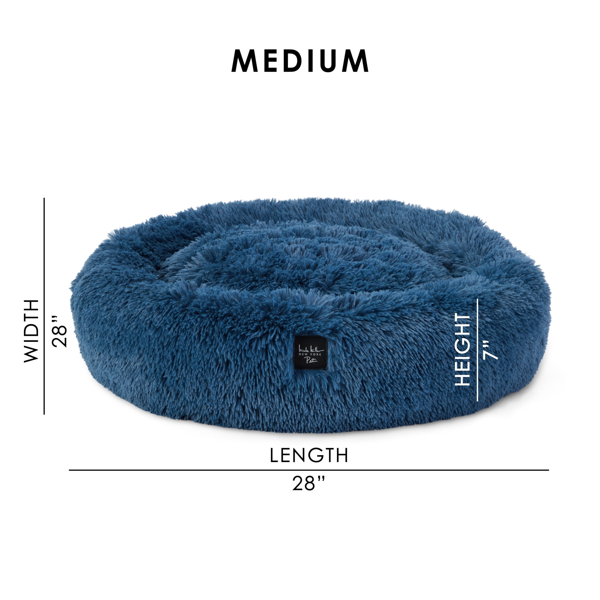 NICOLE MILLER NEW YORK PET Ellie Fuzzy Solid Donut Pet Bed, Plush, Cozy & Calming, Water Repellent, Non-Slip Bottom, 100% Machine Washable, Blue, Medium 28"x28"x7" Round