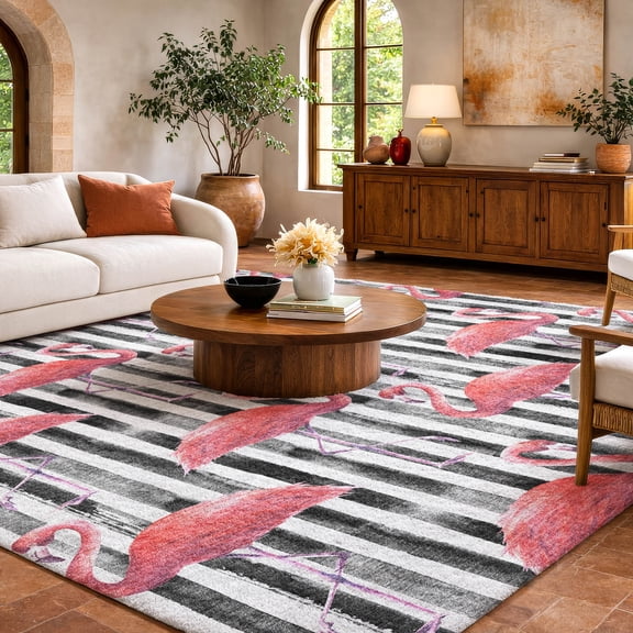 Addison Rugs Dream Shag Premium Machine Washable Transitional Stripes & Flamingos Pink Rectangle Rug, 10' x 14'
