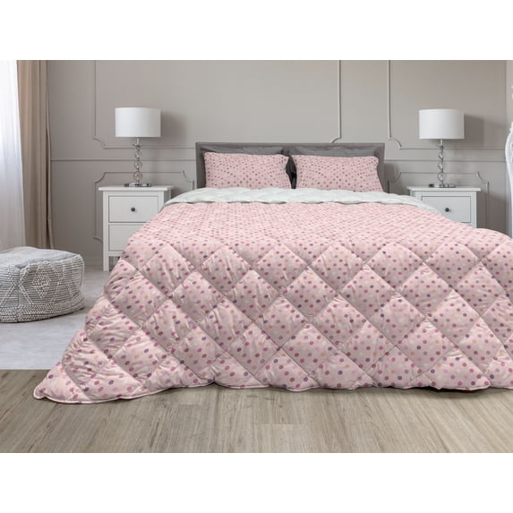 Polka Dots Comforter & Sham Bedding Set, Colorful Romantic Polka Dots in Geometric Shapes Vintage Groovy Print, 3 pcs Duvet Set Microfiber Filling Quilt, 5 Sizes, Pink Purple, by Ambesonne