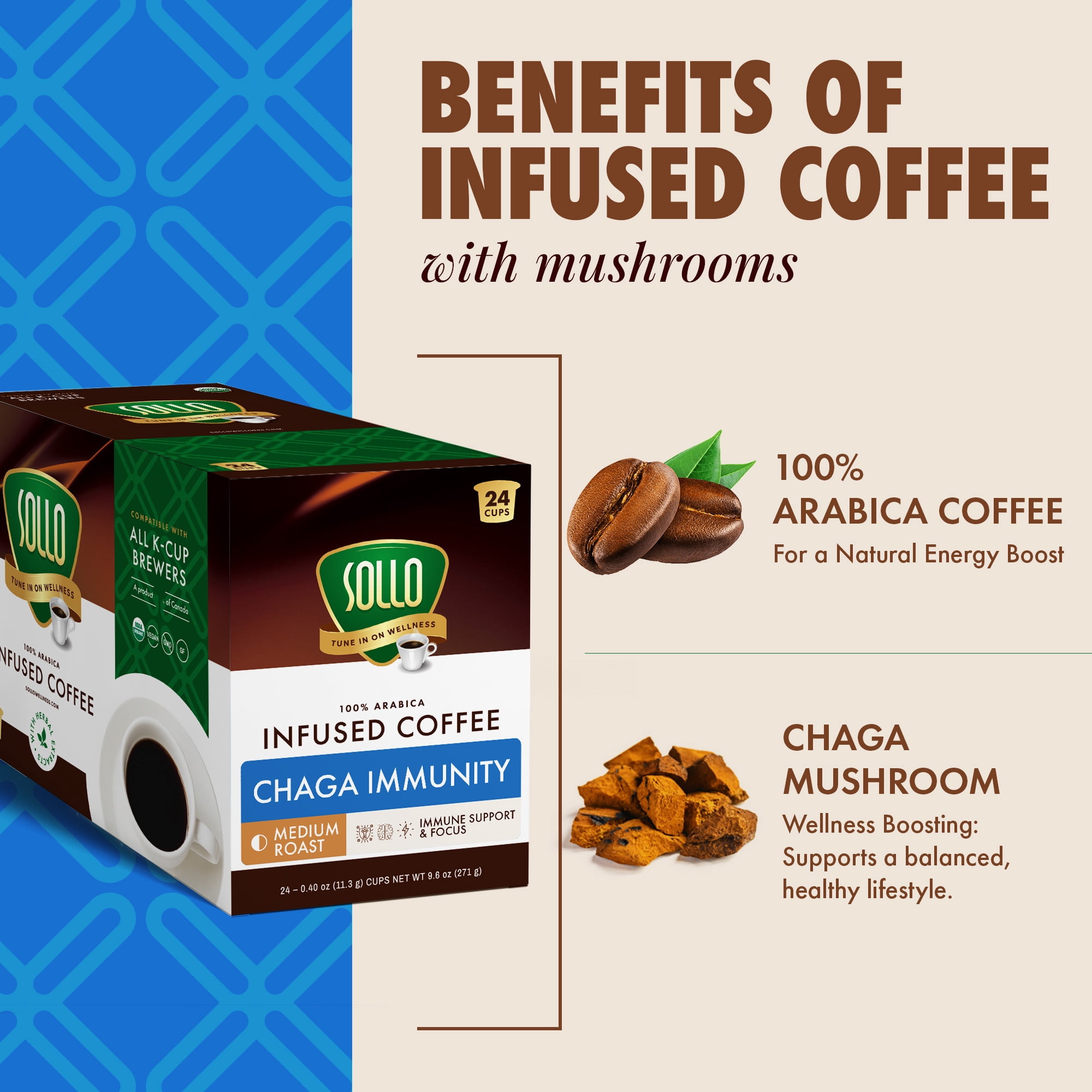 SOLLO Chaga Mushroom Infused Coffee Pods, Boost Focus & Immunity, Memory & Clarity, Medium Roast, Compatible With 2.0 K-Cup Keurig Brewers, Organic by USDA, No After Taste, 24 Ct