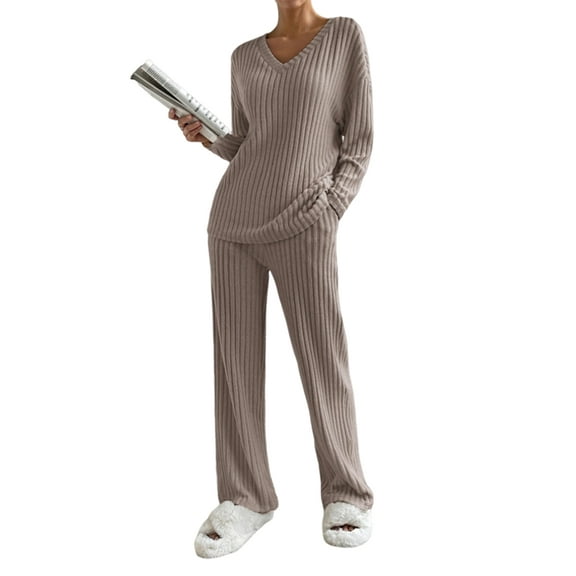 Womens Ribbed Knit 2 Piece Sets Long Sleeve Sweater and Wide Leg Pants Loungewear Pajamas Set Deep Khaki XXL