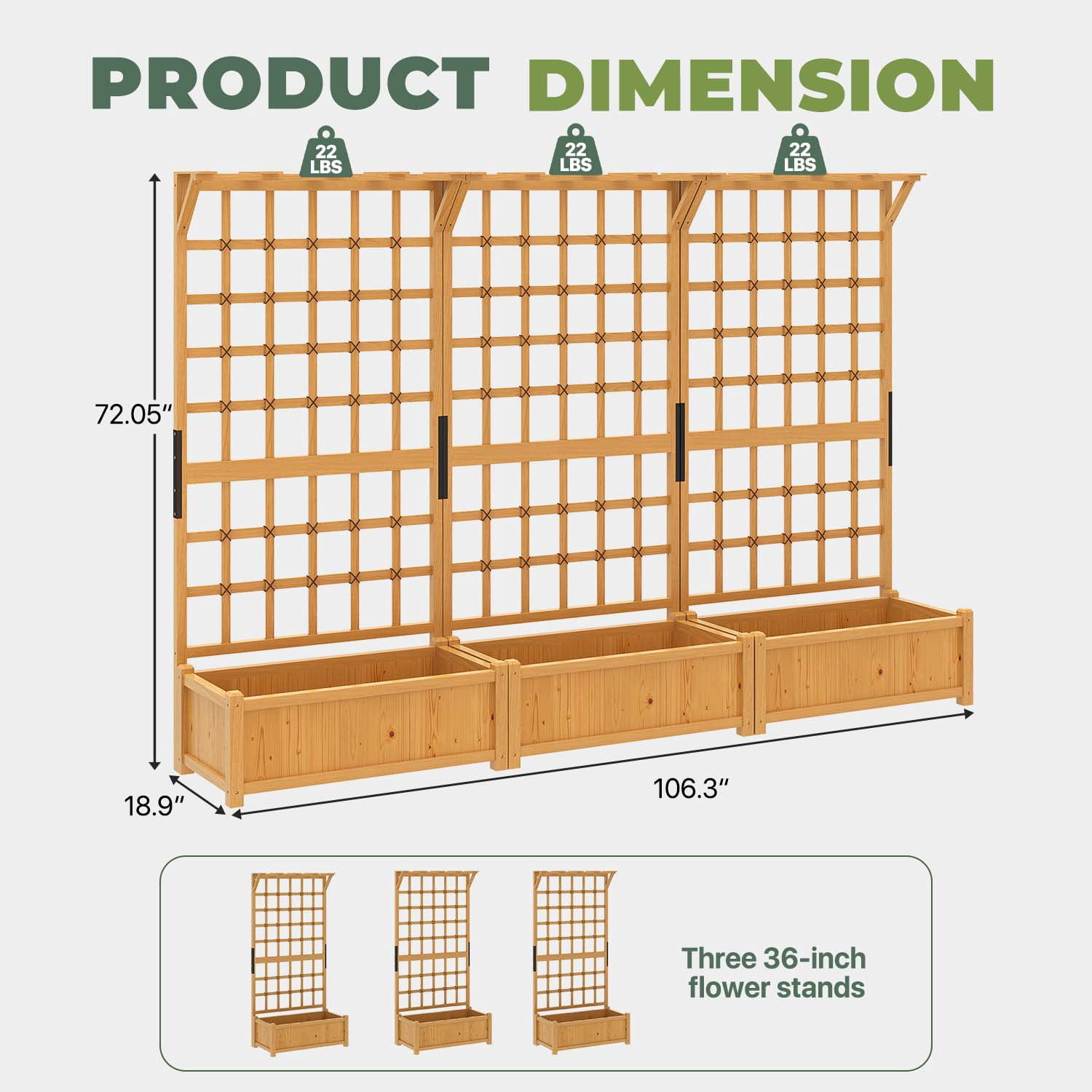 BaPiPro Yellow-Brown Tall Wood Planter Box with Trellis - 36" Raised Garden Bed with Hanging Roof, Outdoor Elevated Planter for Climbing Plants, Flowers - 3-Pack for Patio, Balcony
