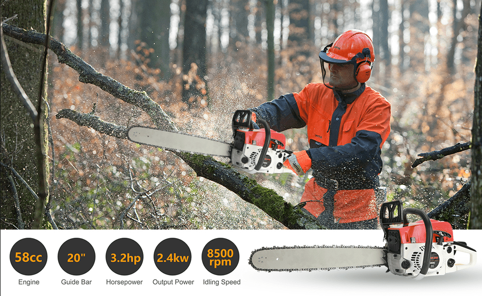 Bremoi 58CC Gas Powered Chainsaw, High RPM Gas Chainsaw 20 Inch, High Power Fast Cutting Wood Chainsaw with Ergonomic handle, Anti-rust Chainsaw Gas Powered for Wood Cutting,Shipping from US,Red