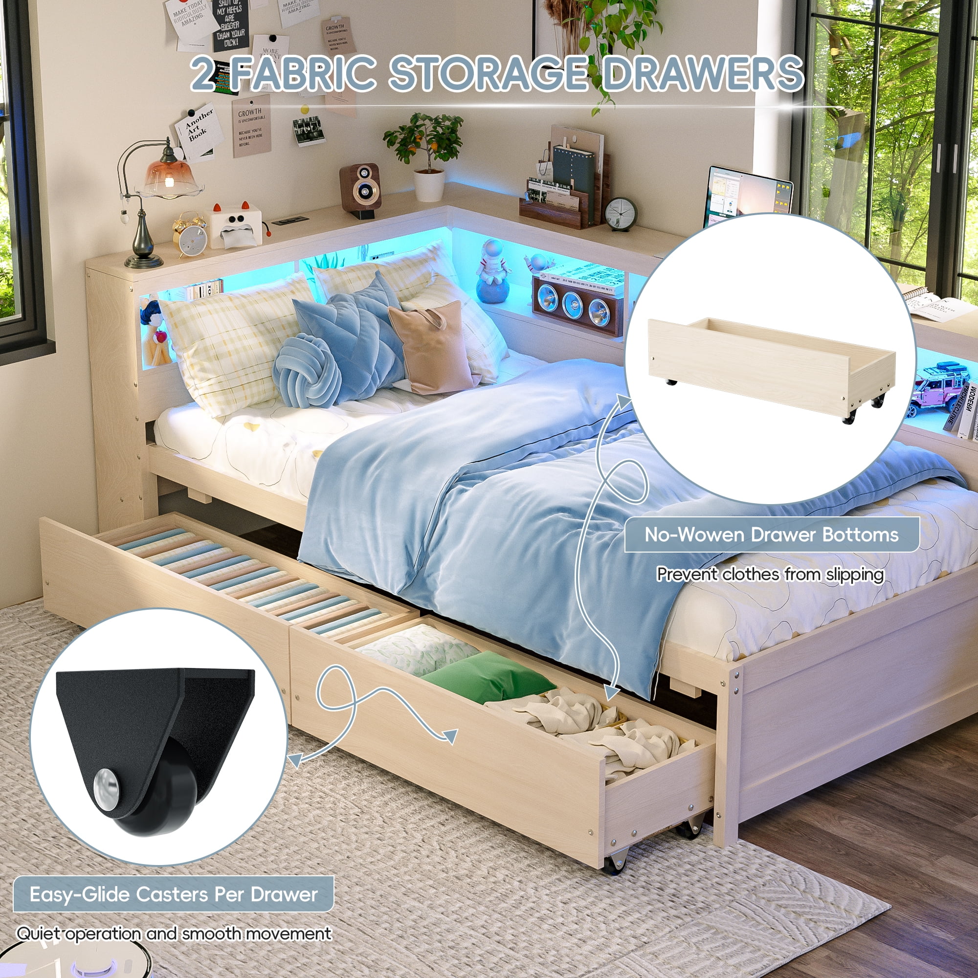 Joywind Twin Corner Bed Frame with Storage Drawers, Bookcase Headboard, Charging Station & LED Lights,Natural