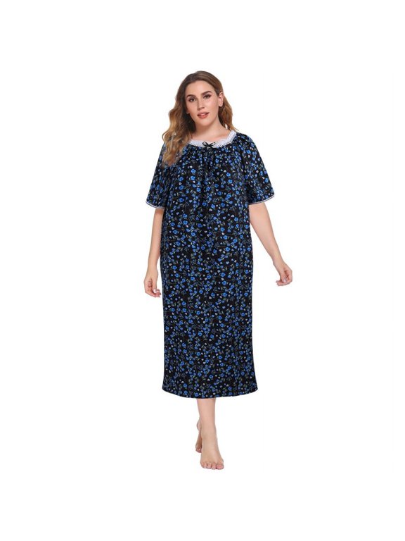 Womens Plus Size Nightgowns Short Sleeve Pajamas Sleepdress, Floral Casual Comfy Nightshirt Lace Collar Loungewear Vintage Sleepwear, Cute Pj Sleepshirt Nightdress for Women,Black XL-4XL