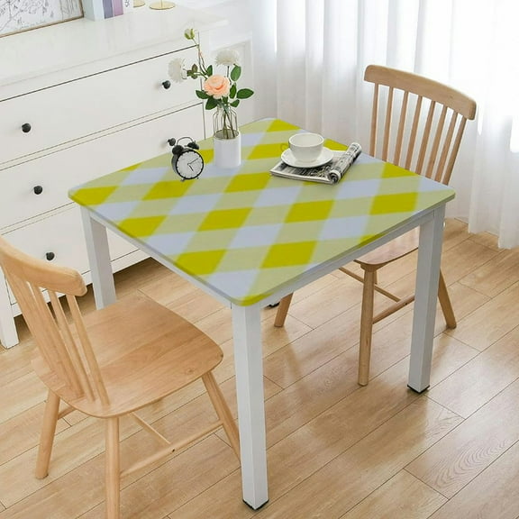 BANET  Square Tablecloth -Fitted with Elastic, Vinyl with Flannel Back, Fits for Table  Square,Water Proof, Easy to Clean, Checked Yellow Design white