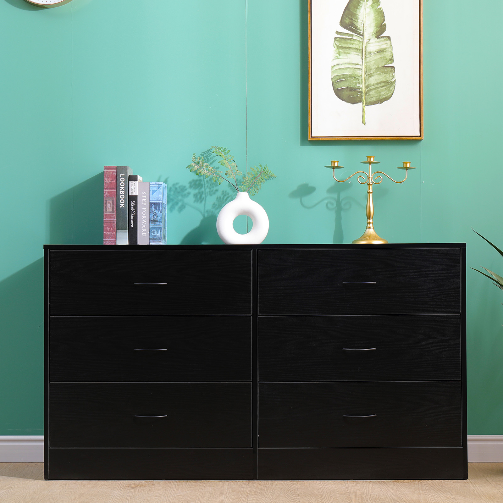SUGIFT 6 Drawer Dresser, Modern Wood Chest of Drawers for Bedroom, Black