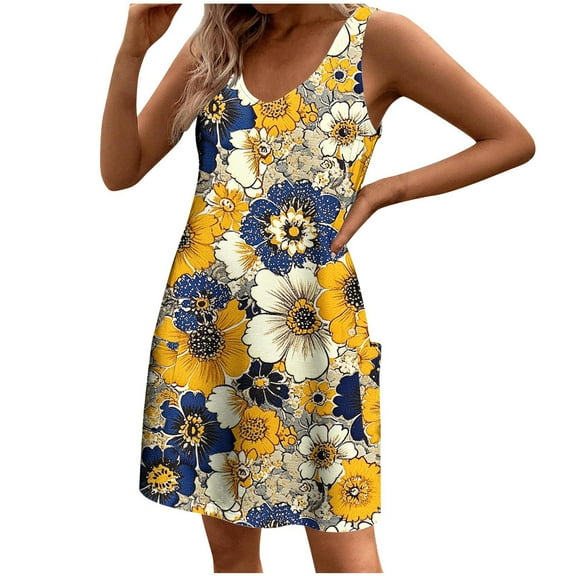 Drses Women's Floral Print Sundress | Sleeveless V-Neck A-Line Dress with Pockets for Beach & Vacation