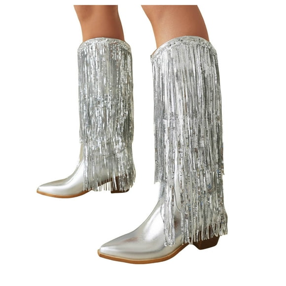 Sequin Tassel Knee High Cowboy Boots for Women 2025 Metallic Glitter Leather Pointed Toe Fringe Wide Mid Calf Cowgirl Tall Boots Party Stage Performance Silver