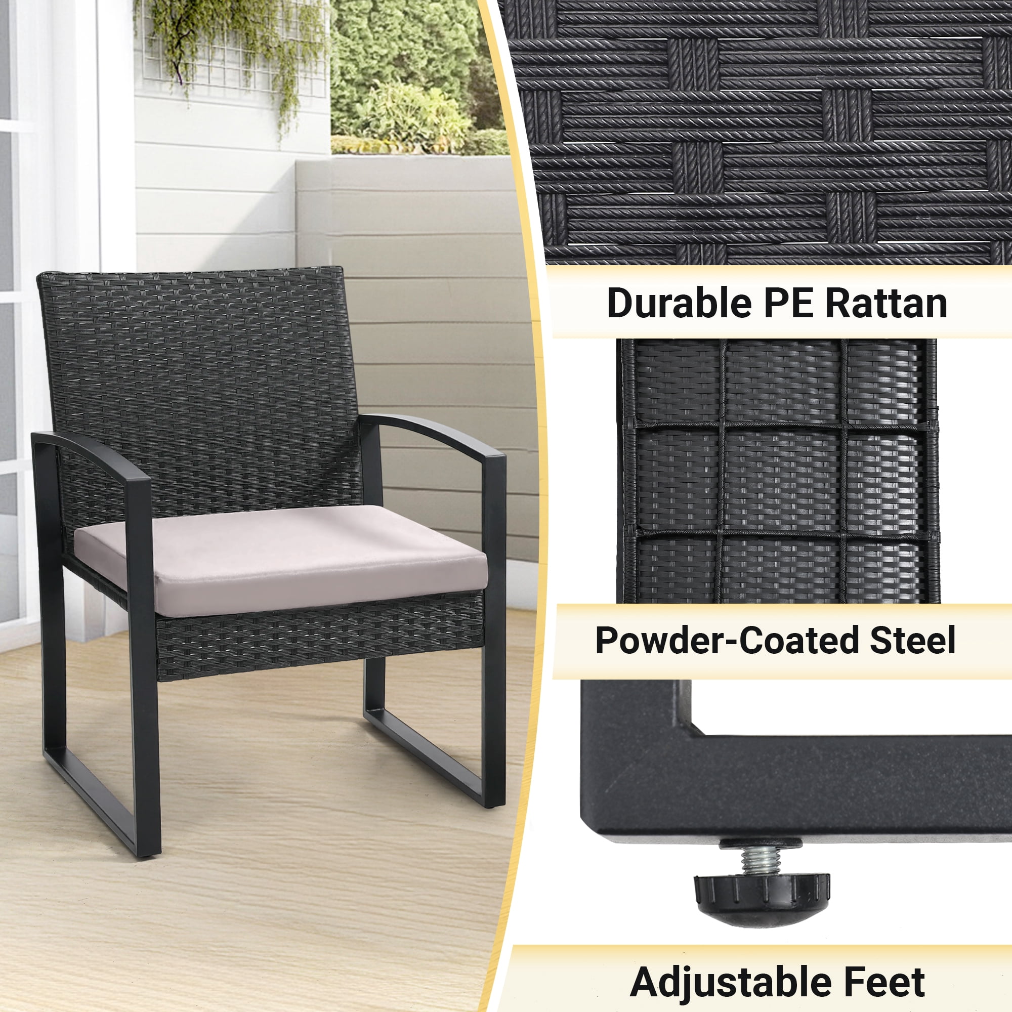TUAREX 3-Piece Rattan Patio Furniture Set, All-Weather Wicker Bistro Set with Coffee Table and Cushioned Chairs for Garden, Yard, Balcony, Grey