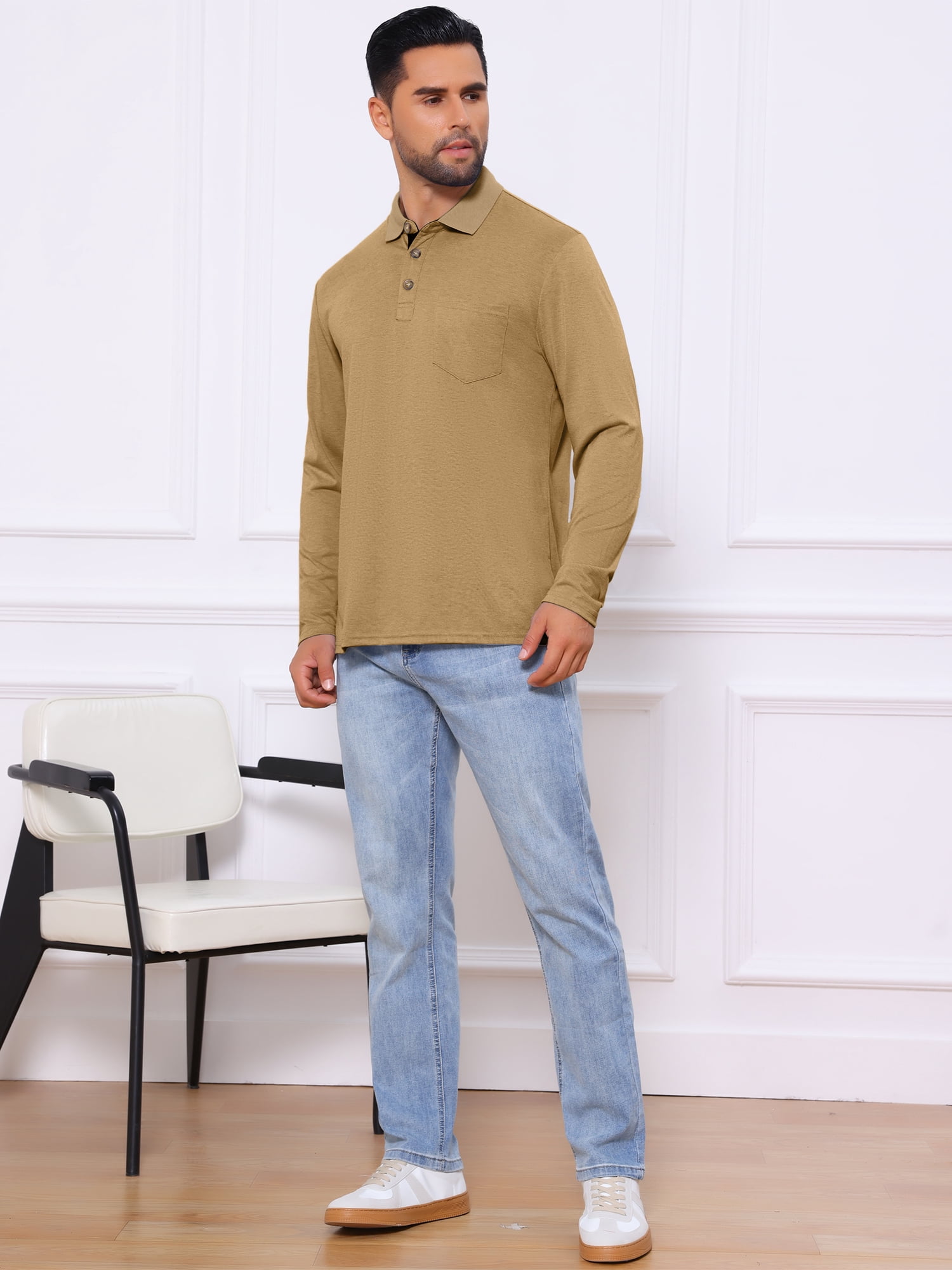 DARING DIVA Men's Contrast Button Collared Long Sleeves Golf Polo T-Shirts M Khaki