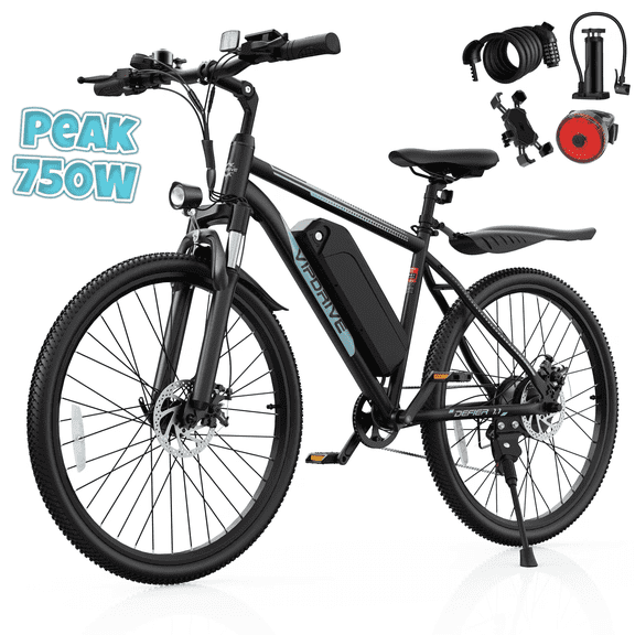 VIPDRIVE Electric Bike for Adults, 26'' 750W Peak Ebike, 48V 7.8AH Removable Battery，Up to 40 Miles 20MPH Electric Mountain Bike，Front Fork Suspension，UL2849
