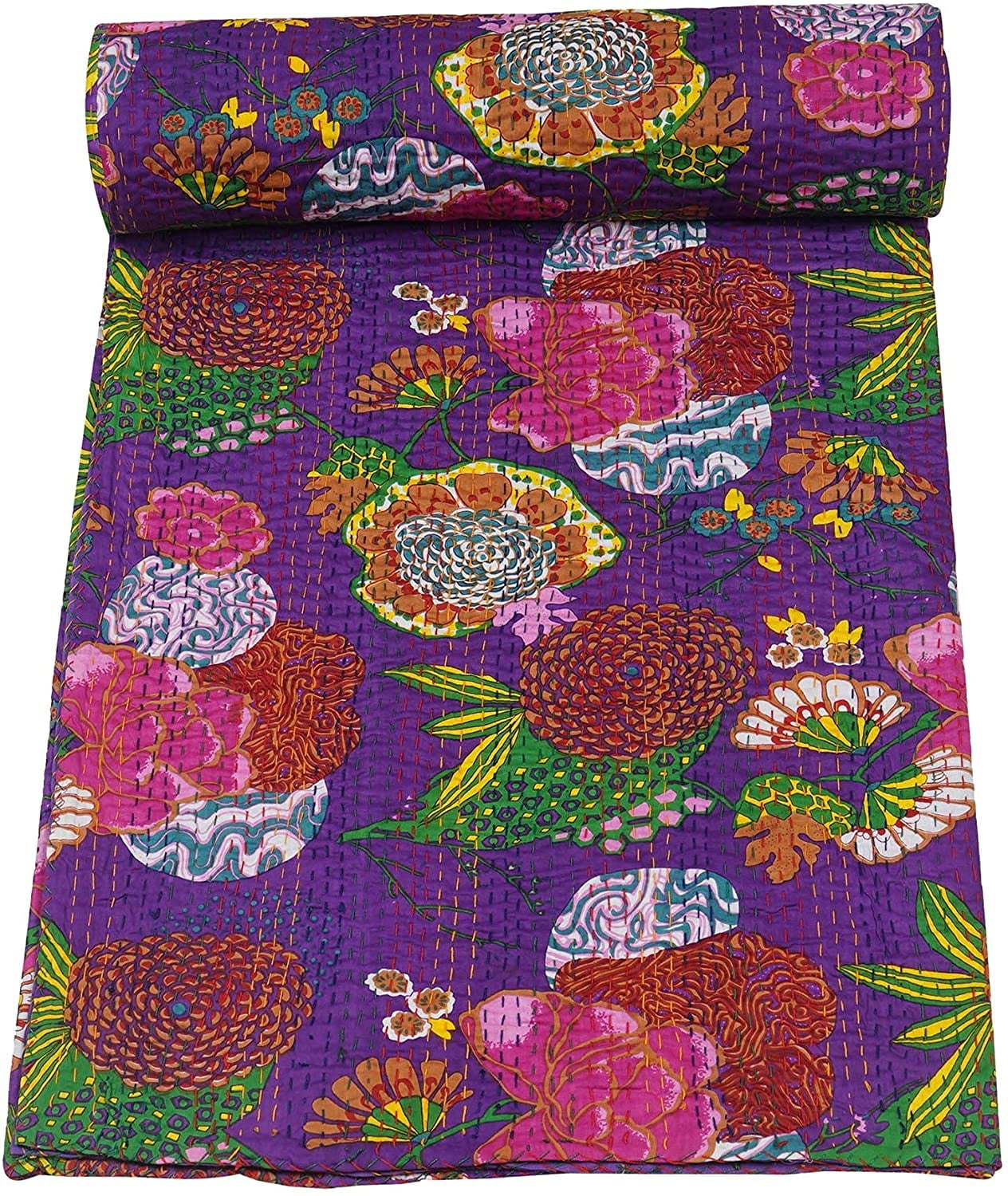 Handmade Quilt Vintage Purple Fruit Kantha Bedspread Throw Cotton Blanket Gudri 