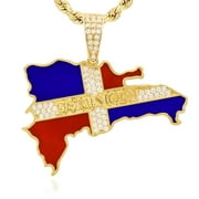 14K Yellow Gold Simulated Diamonds Dominican Republic Flag Map Pendant 1.15-1.4"