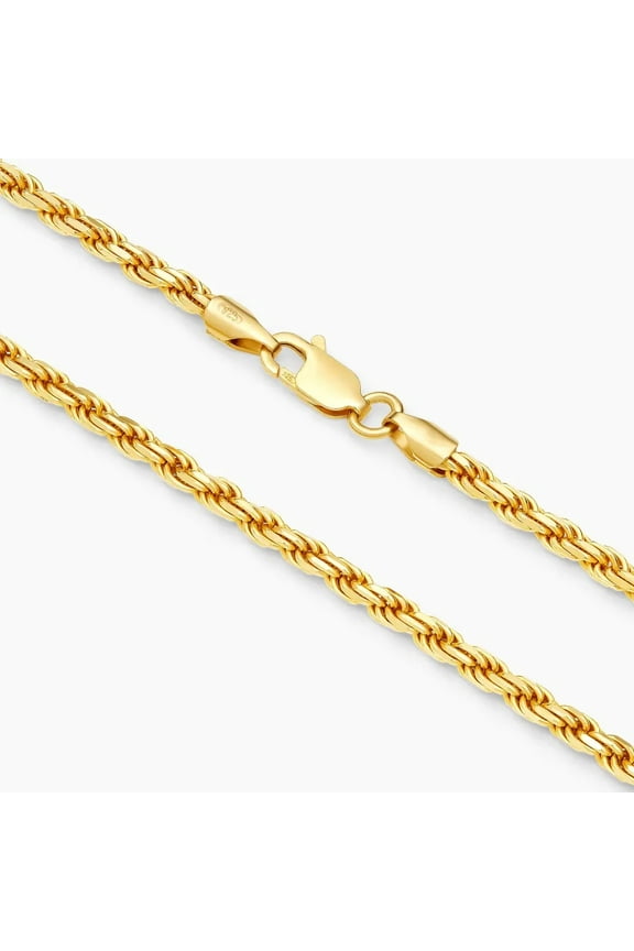 Mens 14K Gold Plated 2.5MM Sterling Silver Diamond-Cut Rope Chain Necklace, Solid 925 Italy, Next Level Jewelry