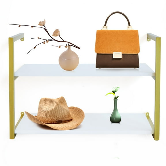 Miumaeov White Gold Floating Wall Shelves Toys Plants Display Shelf Wall‑mounted Organizer 2-Tier