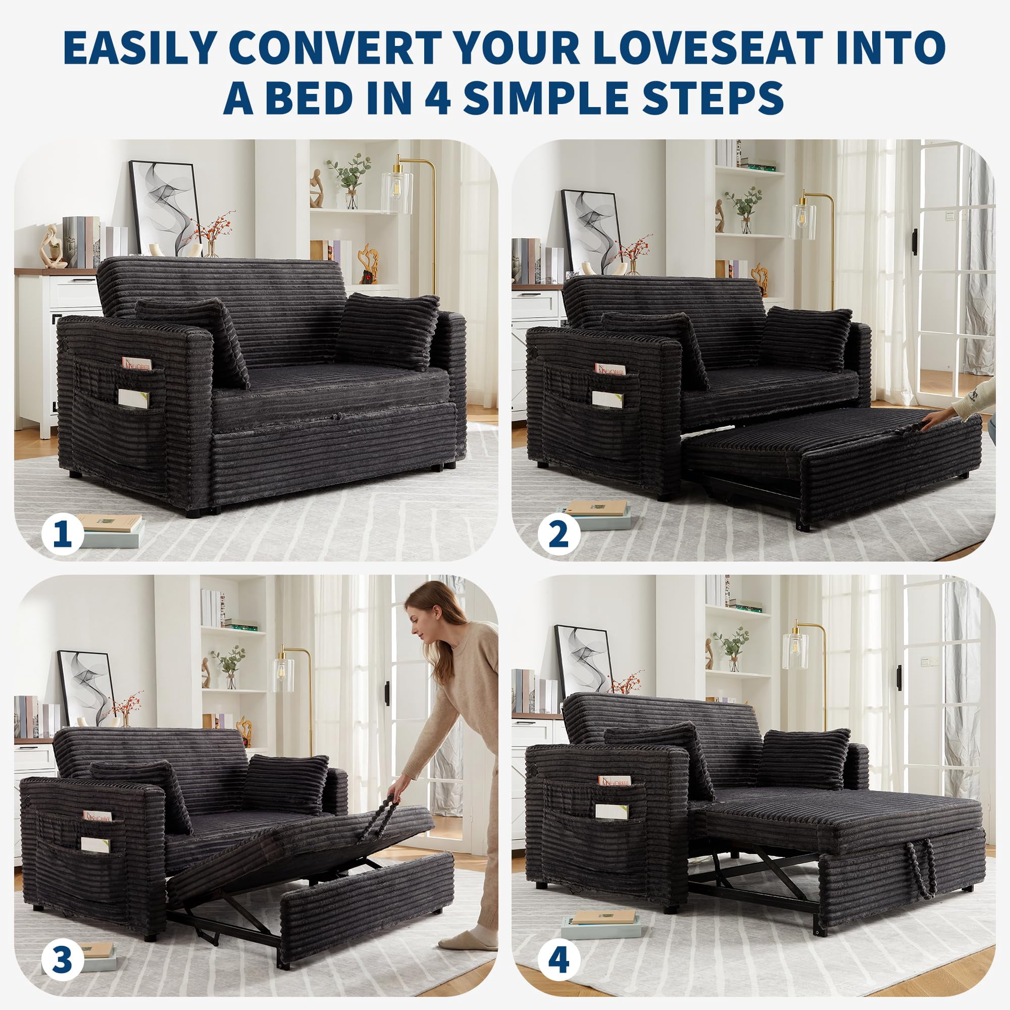 48'' Corduroy Loveseat Sleeper Sofa Bed with Pull-Out Bed, Adjustable Backrest & Charging Ports for Living Room, Bedroom & Apartment