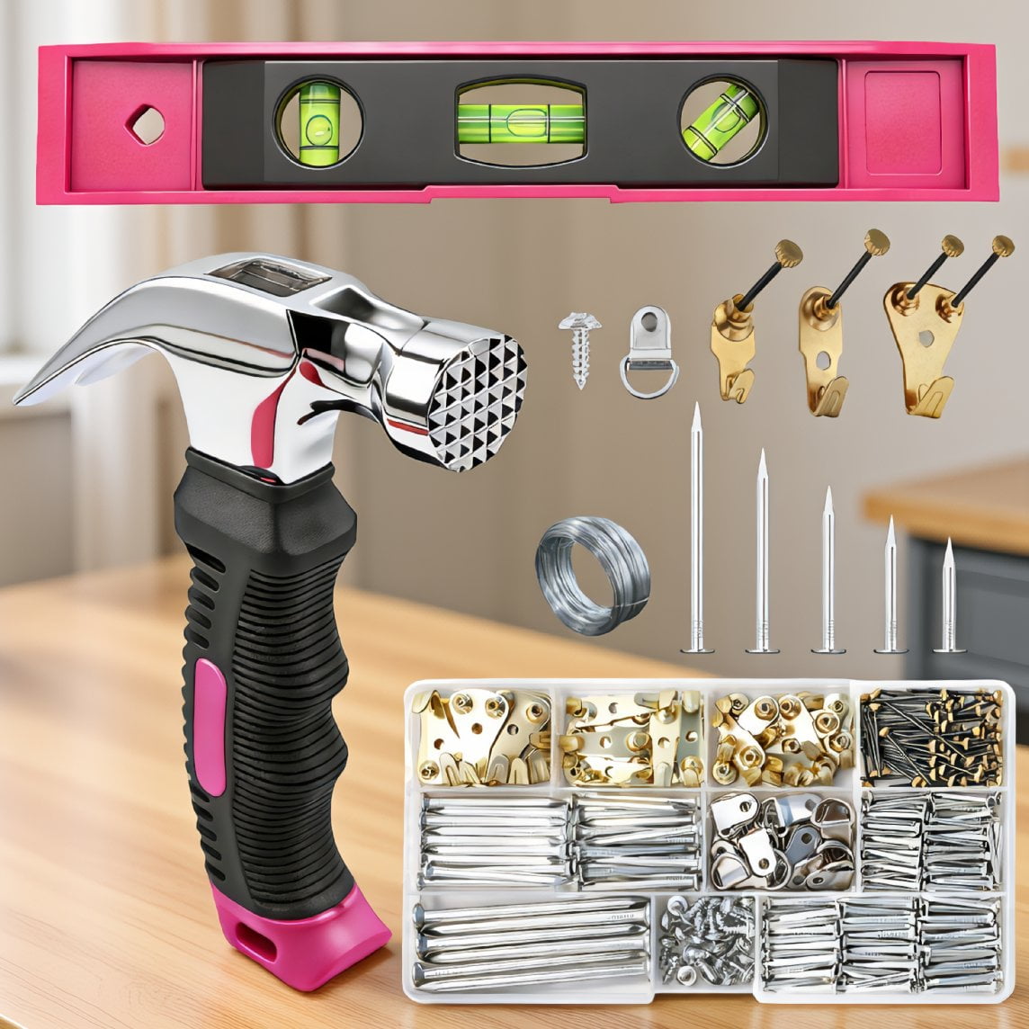350-Piece Picture Hanging Kit with Claw Hammer Magnetic D-Rings Nails Hooks and Wire for Mounting