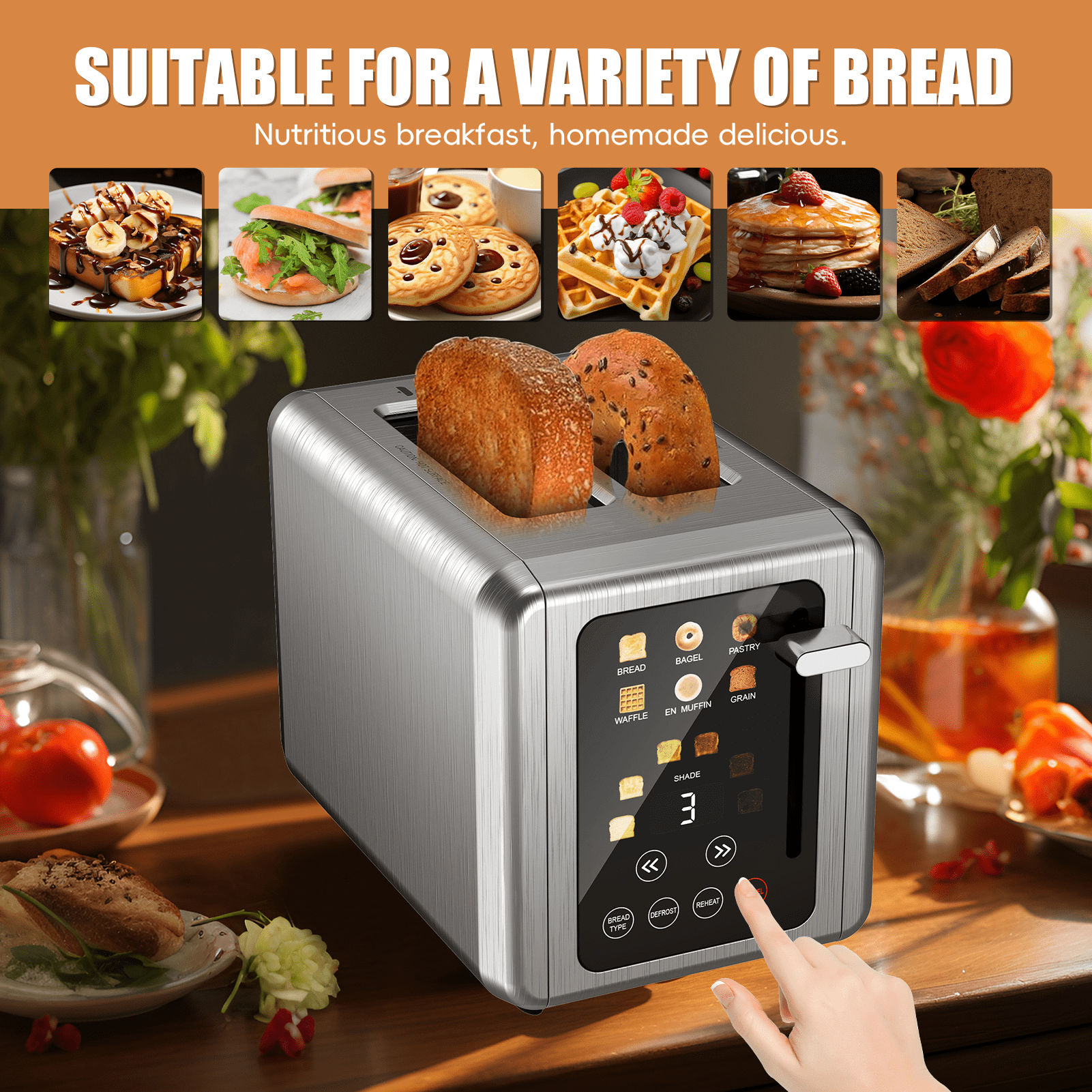 WHALLULTRA Touchscreen Toaster 2 Slice, Stainless Steel, 1.5 " Wide Slots, Bagel, Defrost, 850W