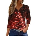 thumbnail image 2 of Cadancy Christmas Tee Shirts for Women Sparkly 3/4 Sleeve V Neck Button Pullover Tshirts Party Bright Xmas Tree Graphic Holiday Blouses Funny Fashion Tops, 2 of 5