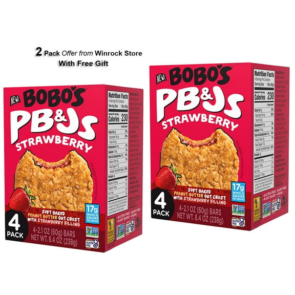 Bobo's PB&Js, Peanut Butter Oat Crust With Strawberry Filling, 4 Pack of 2.1oz oat snacks (2 Pack) Free Gift from Winrock Store