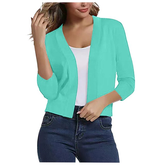 LNGOOR Cardigan Court en Tricot Décontracté pour Femmes, Manches 3/4, Léger, Ouvert à l'Avant, Chandail Blouse, Manteau d'Automne et de Printemps pour Dames, Vert Menthe