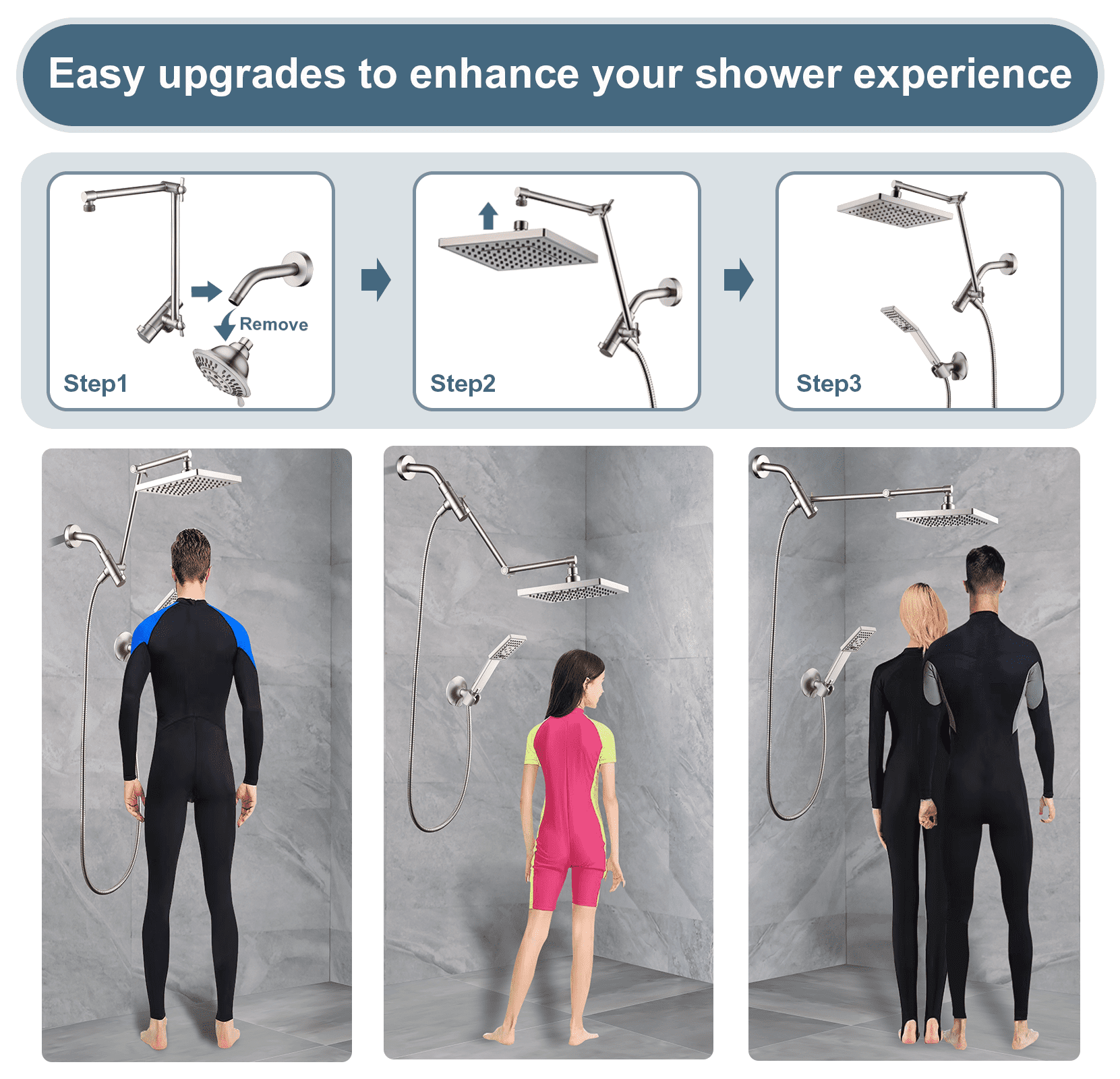 Bright Showers High Pressure Rain Shower Head Combo with Double Extension Arm, 8 Inch Rainfall Shower Head with Handheld Spray, Height Adjustable Dual Square Showerhead Set, Brushed Nickel
