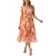 thumbnail image 4 of INSPIRE CHIC Women's Floral V Neck Short Sleeve Ruffle Tiered Layered Swing Midi Dresses S Orange, 4 of 6