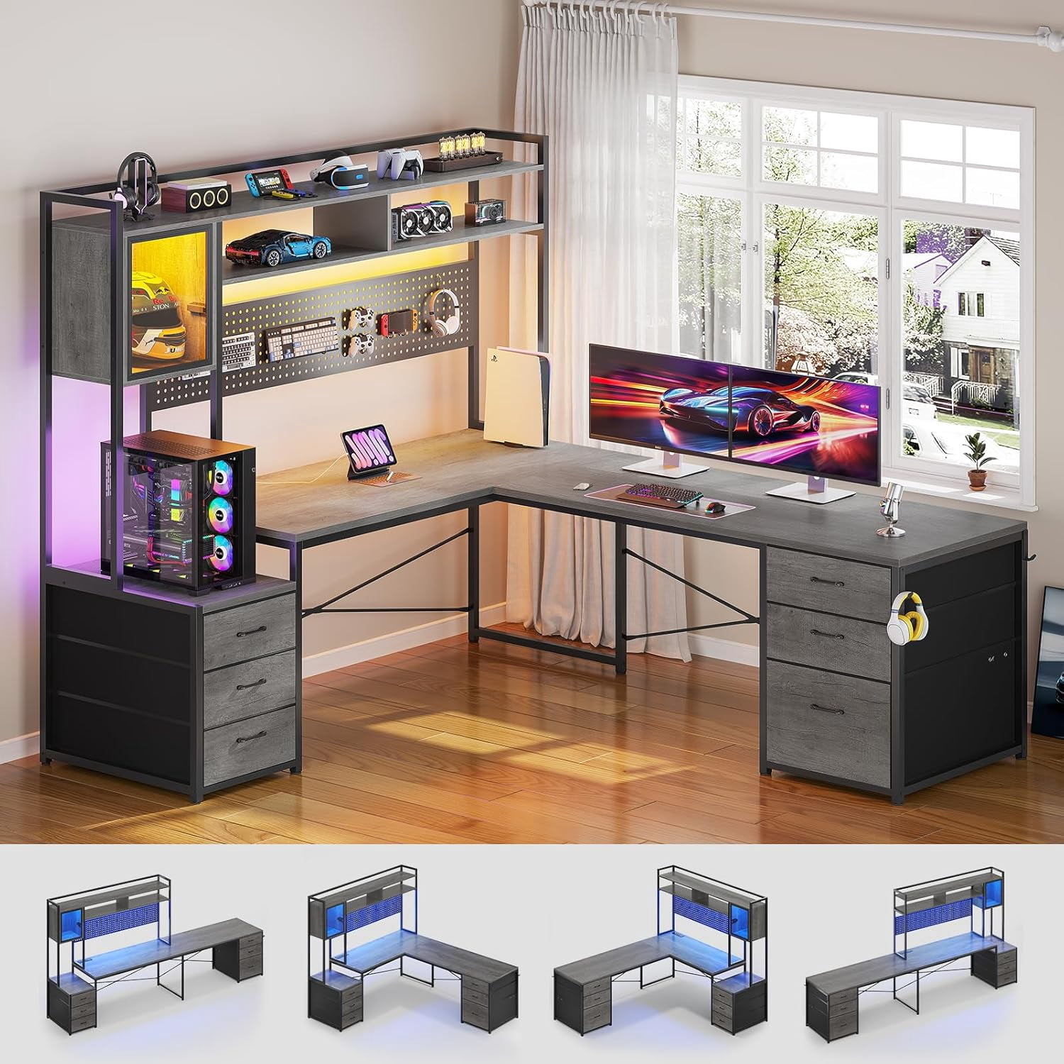 SEDETA L Shaped Gaming Desk with Drawers, Reversible Computer Corner Desk with File Drawer, Hutch, Storage Shelves for Home Office, Gaming Two Person Desk with Led Lights, Power Outlet, Grey