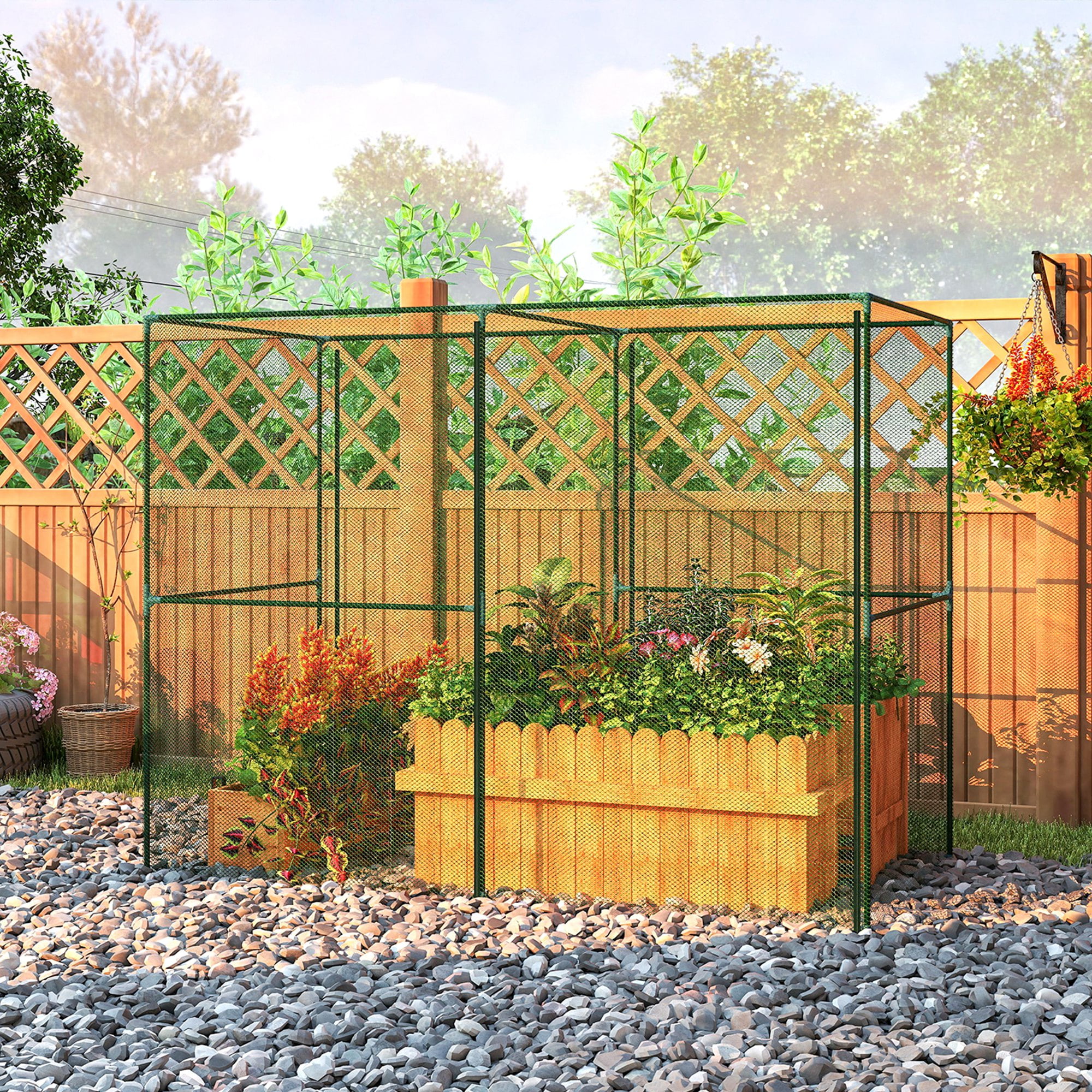 Outsunny 7.9' x 3.9' x 6.1' Walk-in Crop Cage, Garden Plant Protectors from Animals with Roll-Up Zippered Door for Garden, Yard, Lawn, Green