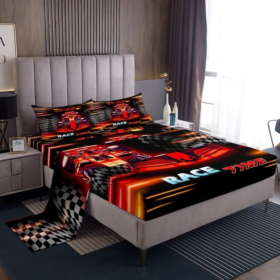 Erosebridal Racing Car Sheet Set Twin,Geometric Plaid Bedding Sets Twin Size,Red Yellow Twin Sheet Sets,Super Cozy Sport Bedroom Decorative,3pcs