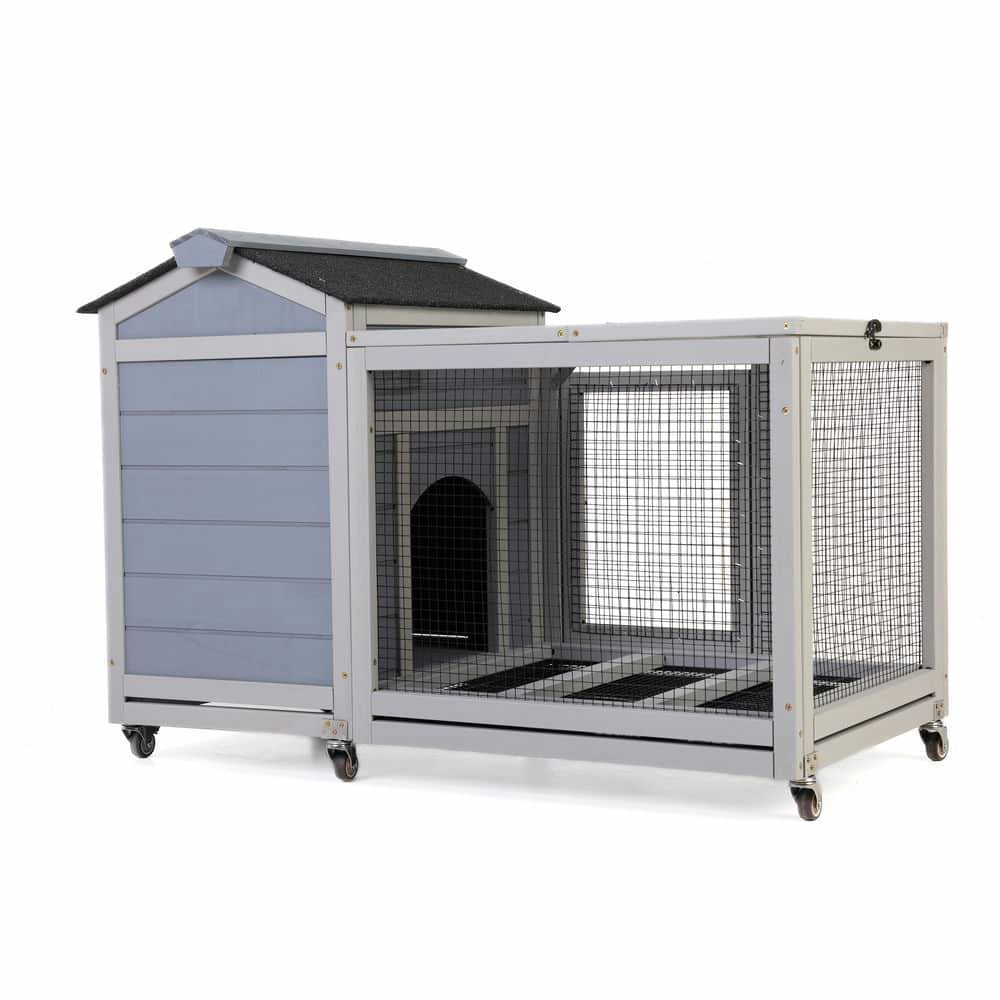 Yardi Yarda Wooden Rabbit Hutch, Small Animal House with Casters, Bunny Cage Pet House with Weatherproof Roof and Removable Tray for Rabbits, Ducks, Squirrels, and Guinea Pigs, Grey