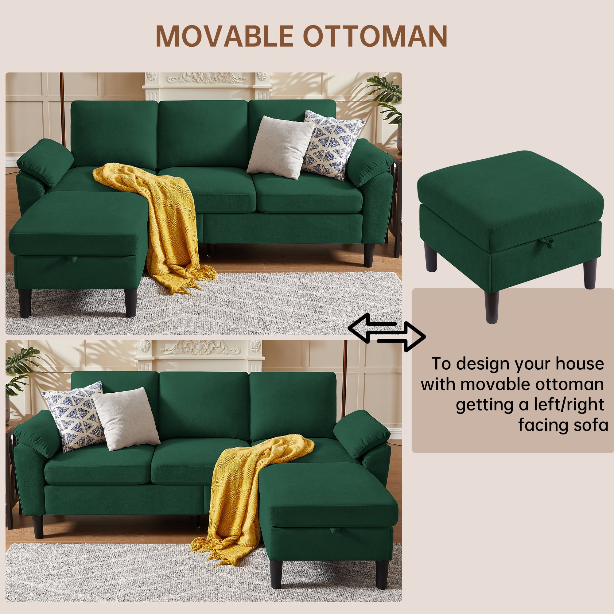 Pingliang Home 80" Sectional Sofa Couch,L Shaped 3 Seat with Reversible Storage Ottoman and Side Pockets, Modern Polyester Fabric Sofa Couches for Living Room Apartment Office Studio Small Space