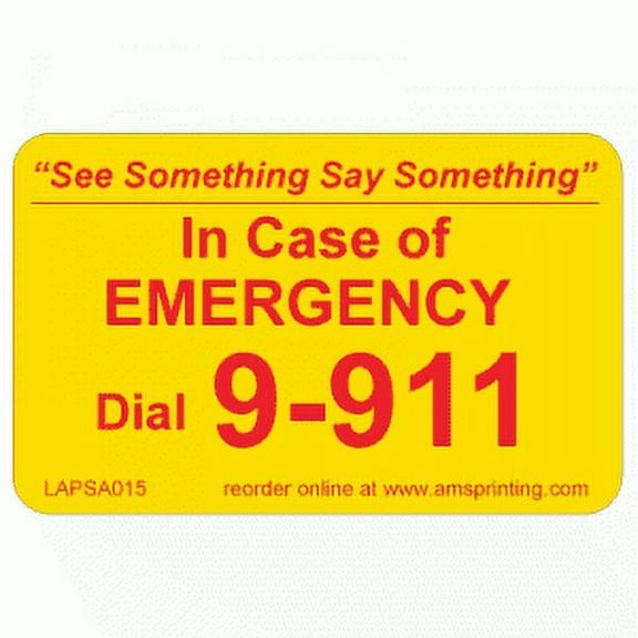 Emergency 9-911 Phone Stickers, Laminated Stickers on Yellow Gloss with Red Ink. Permanent and Self-adhesive labels. Label Size: 2"(w) x 1 1/4"(h)