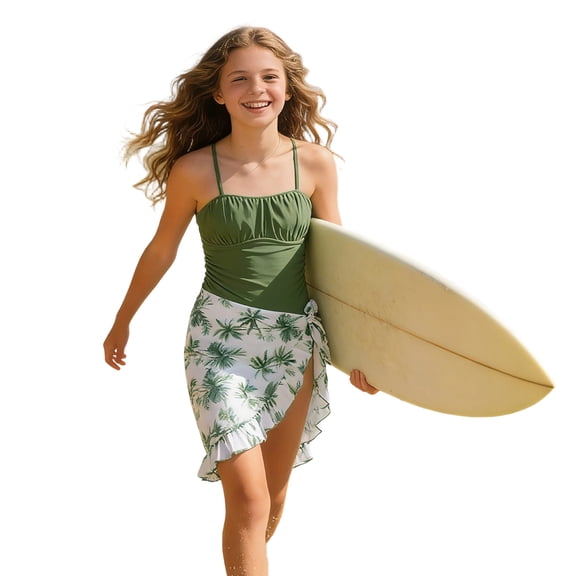 Big Girls One-Piece Bathing Suit Graphic Sleeveless Swimsuit Floral Print Two Piece With Sarong Cover Ups Skirts For Beach Pool Swim Suits,Army Green,Age 15-16 Years