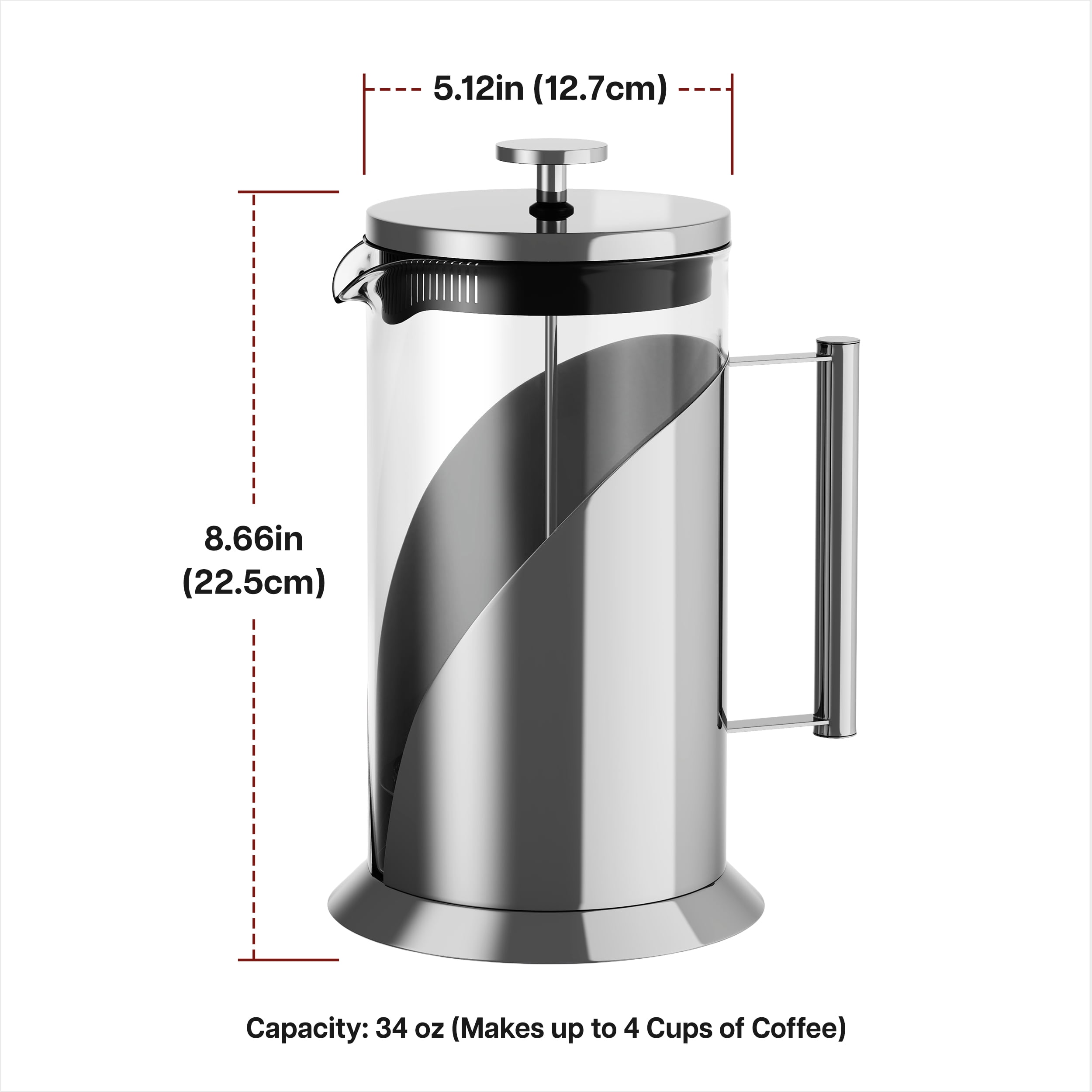 Cafe Du Chateau Stainless Steel French Press Coffee Maker, 34 oz Manual Coffee &Tea Brewer