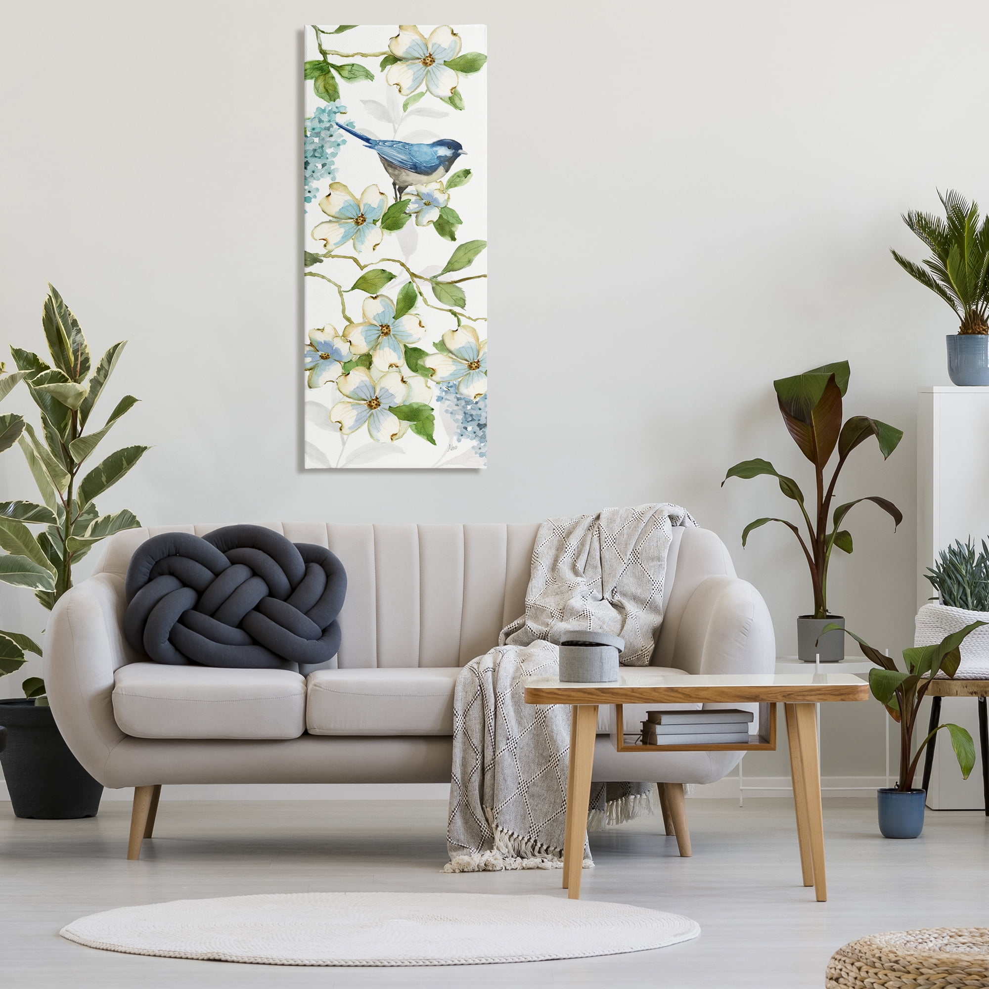 Stupell Industries Bird Perched on Dogwood Plants & Flowers Painting Wrapped Canvas Art Print Wall Art, 20 x 48