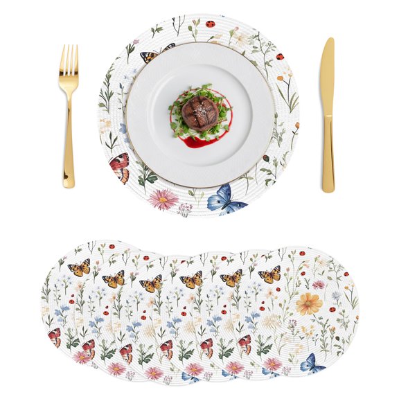 Round Placemats Spring Floral 15 inch Set of 6 Table Mats for Dining Table Rustic Watercolor Flowers Butterfly Heat Resistant Non-Slip Kitchen & Home Decorative Place Mat Set