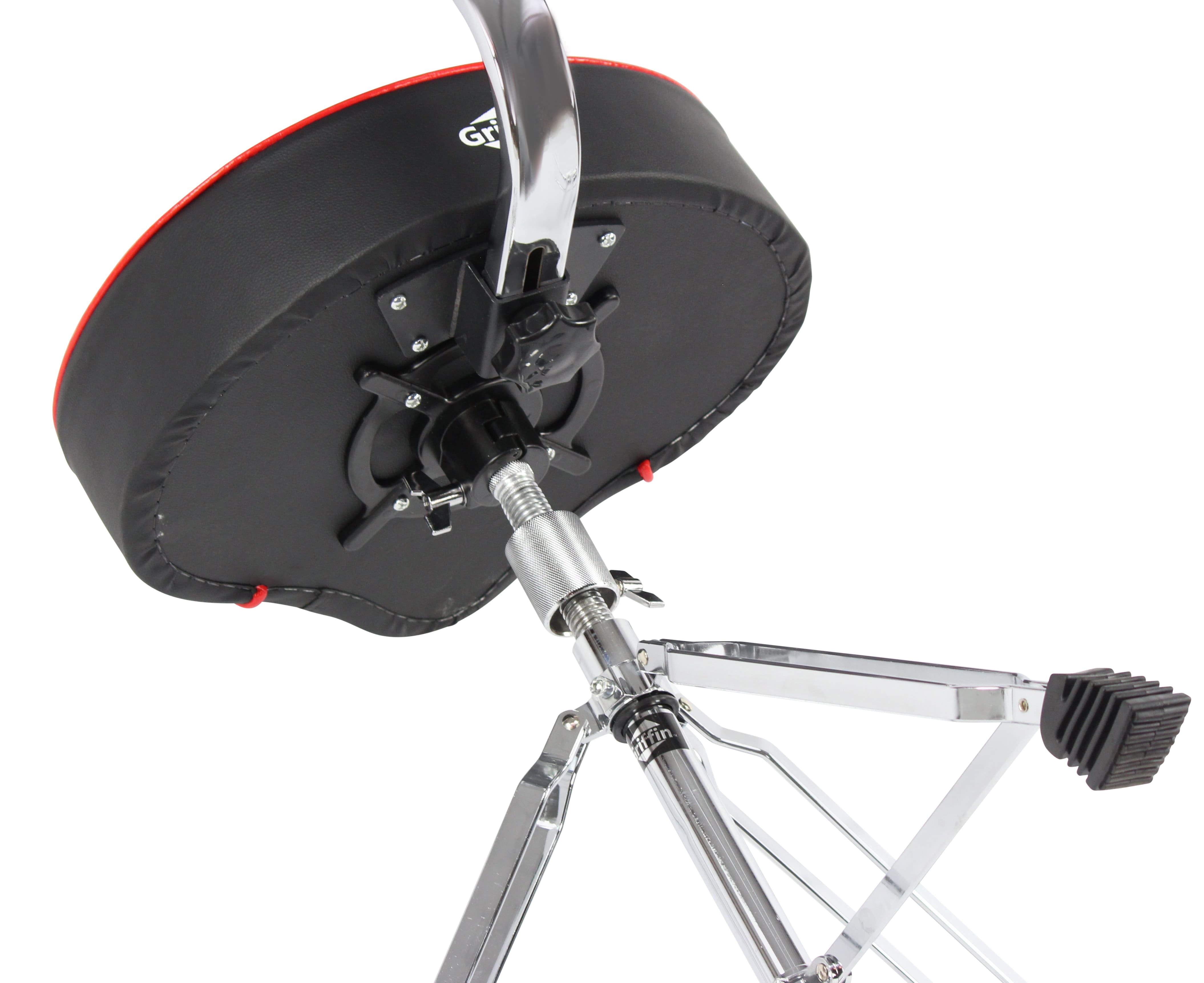 Griffin Drum Throne with Backrest Support Saddle Style Padded Leather Drummer Motorcycle Biker Seat Swivel Adjustable Height Music Drum Chair Musicians Guitar Stool Percussion Tractor Top