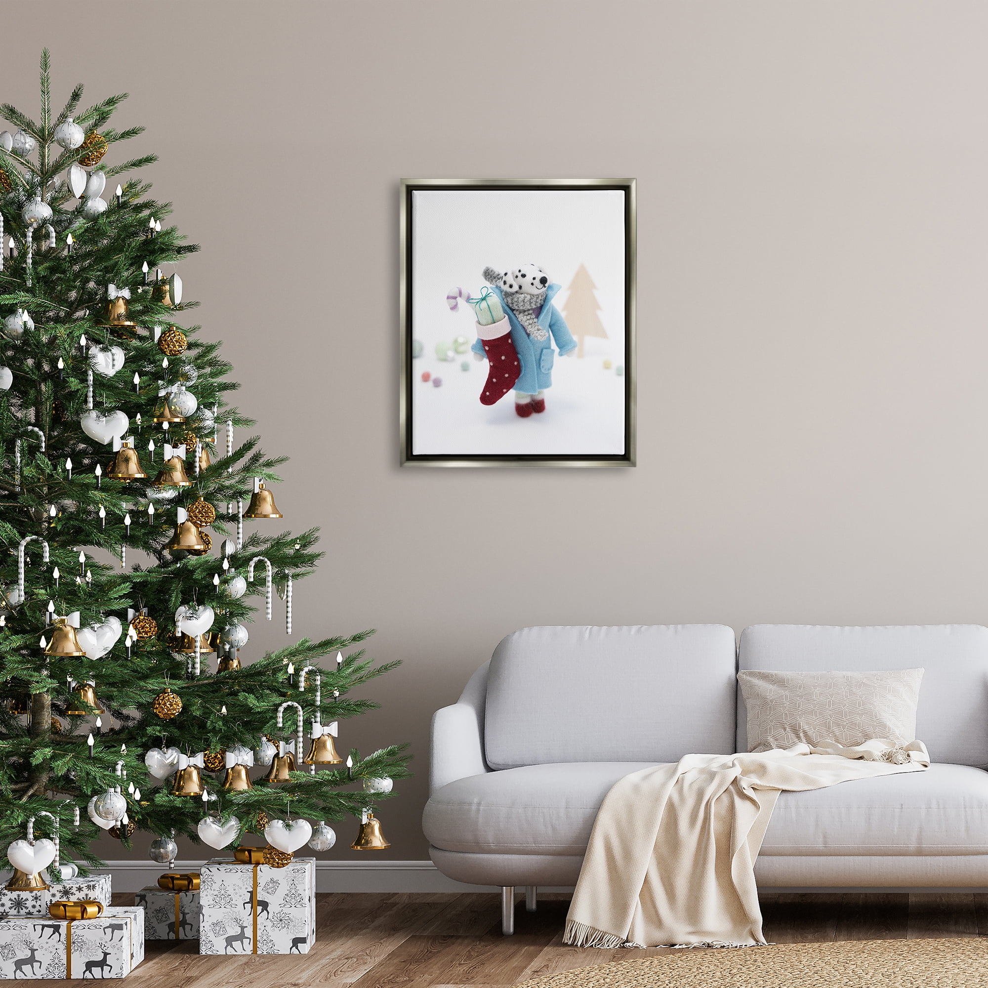 Stupell Industries Dalmatian Christmas Stocking Scene Holiday Photography Gray Floater Framed Art Print Wall Art