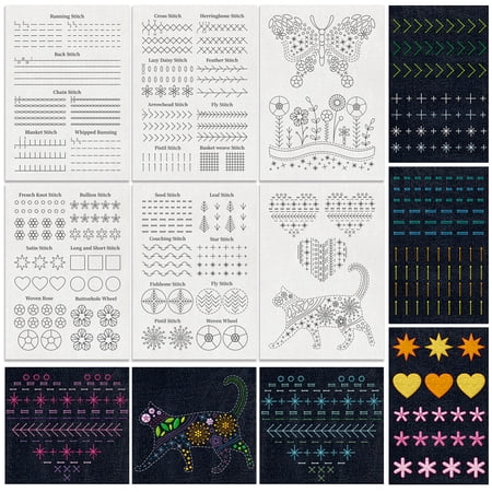 35Pcs Basic Practice Water Soluble Hand Sewing Stabilizers 8.3"x11.7" Various Stitches Embroidery Pattern Stabilizer 6 Sheets Stitches Practice Stick