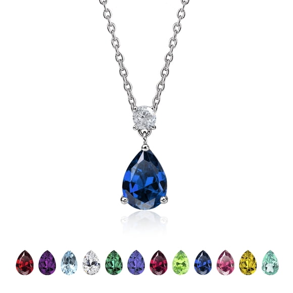 JeenMata 3.25 Carat Royal Blue Sapphire September Birthstone - Round and Pear Cut Dangle Pendant Necklace in 18k White Gold Plated for Women