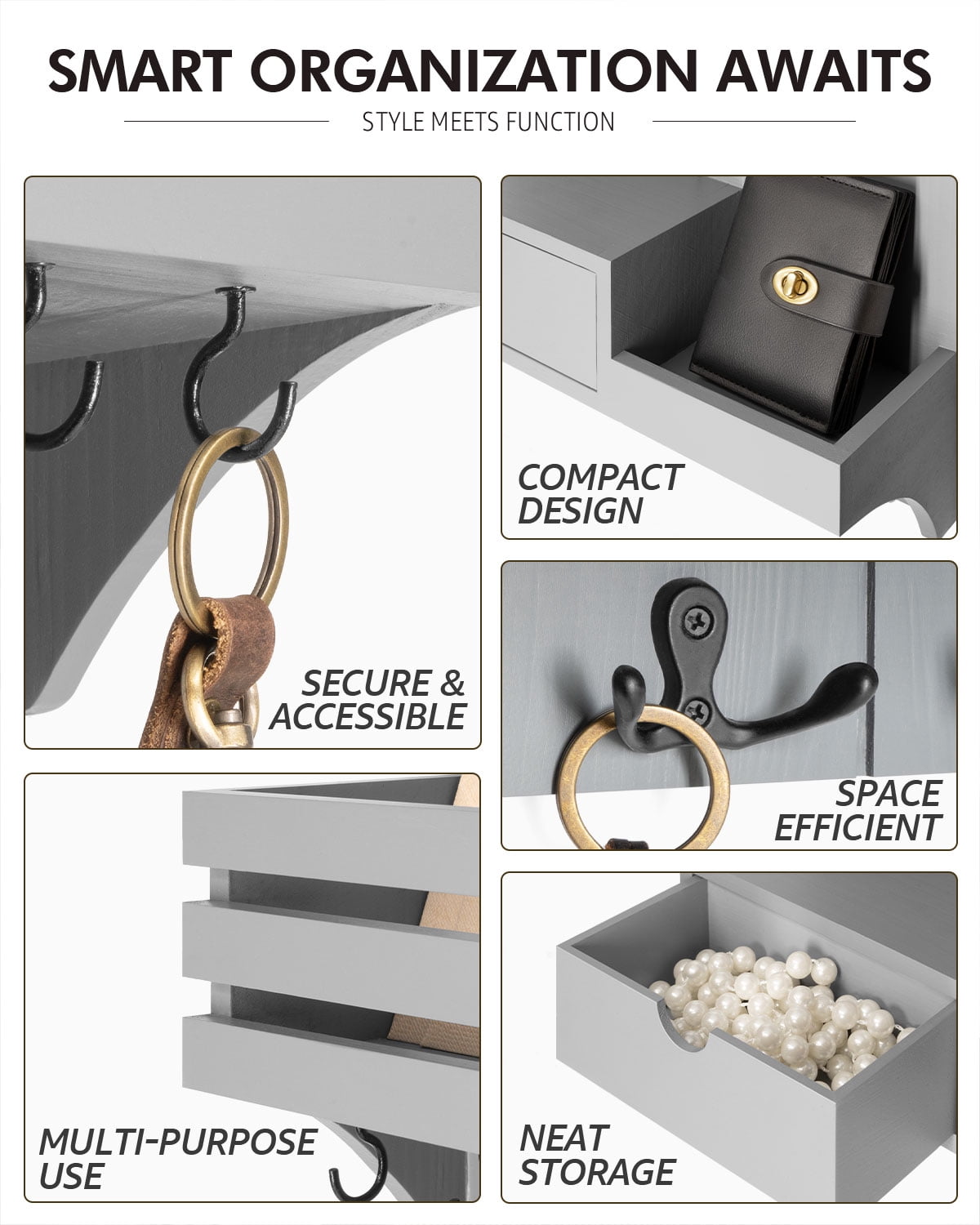 Rebee Vision Modern Key Holder Wall Mount for Home Decor - Mail Organizer with 9 Key Hooks and Mini Drawer Organizer (Gray, 12inch)