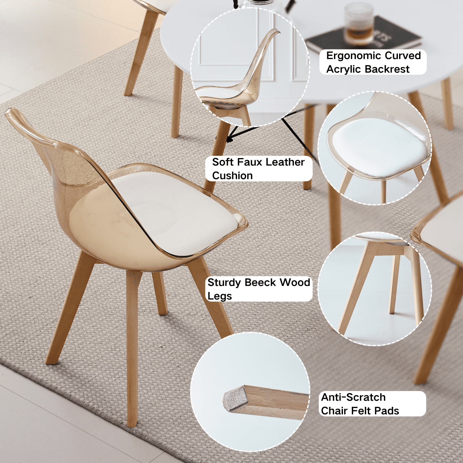 Dining Chairs Set of 4, Clear Acrylic Mid Century Modern Kitchen Chairs with Soft Padded and Wood Legs for Dinner, Living Waiting Room, Bedroom, Apartment, Light Brown
