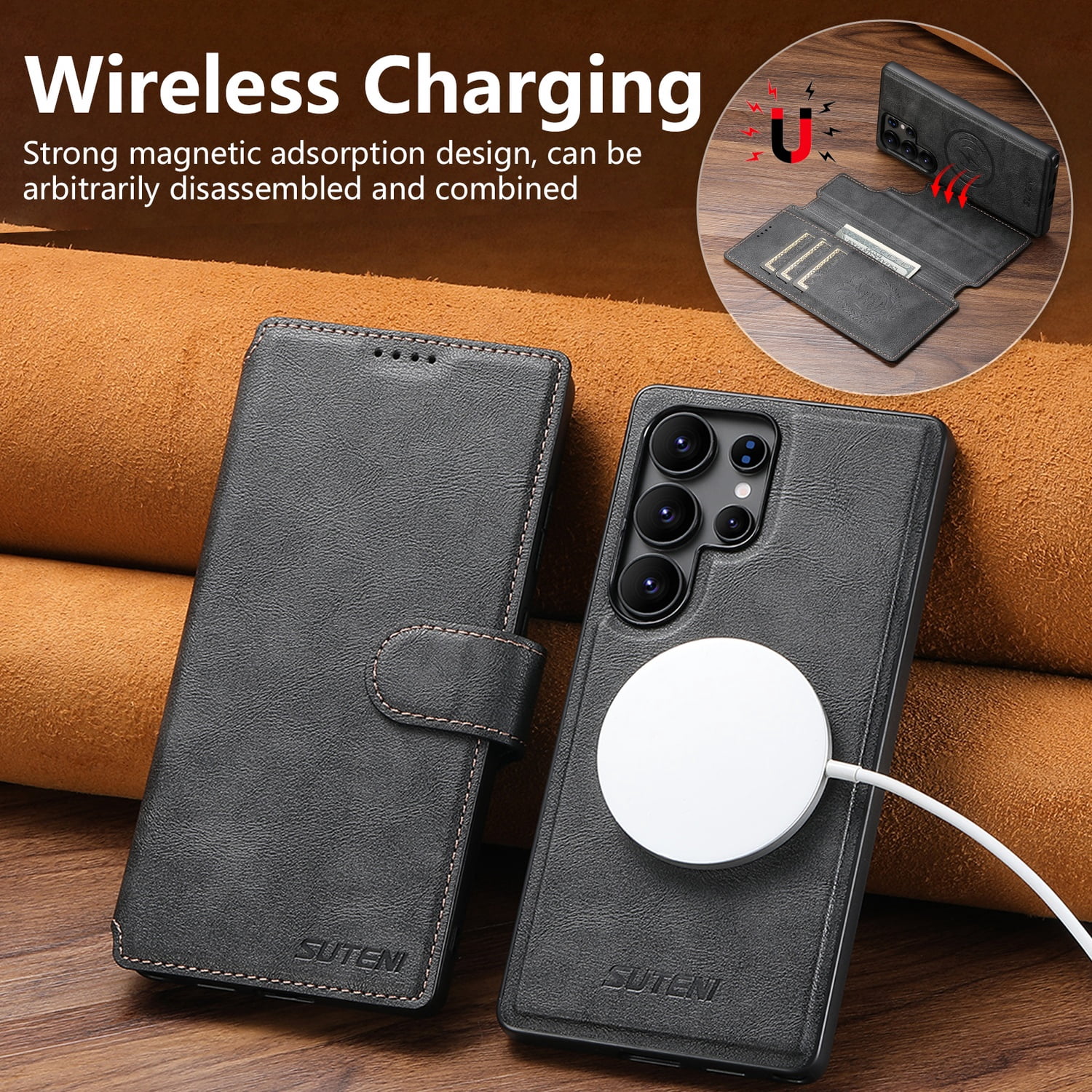 for Samsung Galaxy S24 Ultra Detachable Wallet Case, PU Leather Magnetic Cover Support Wireless Charging & Magnetic Car Mount, Card Slots Holder, Flip Stand, Folio Protective Phone Shell, Black