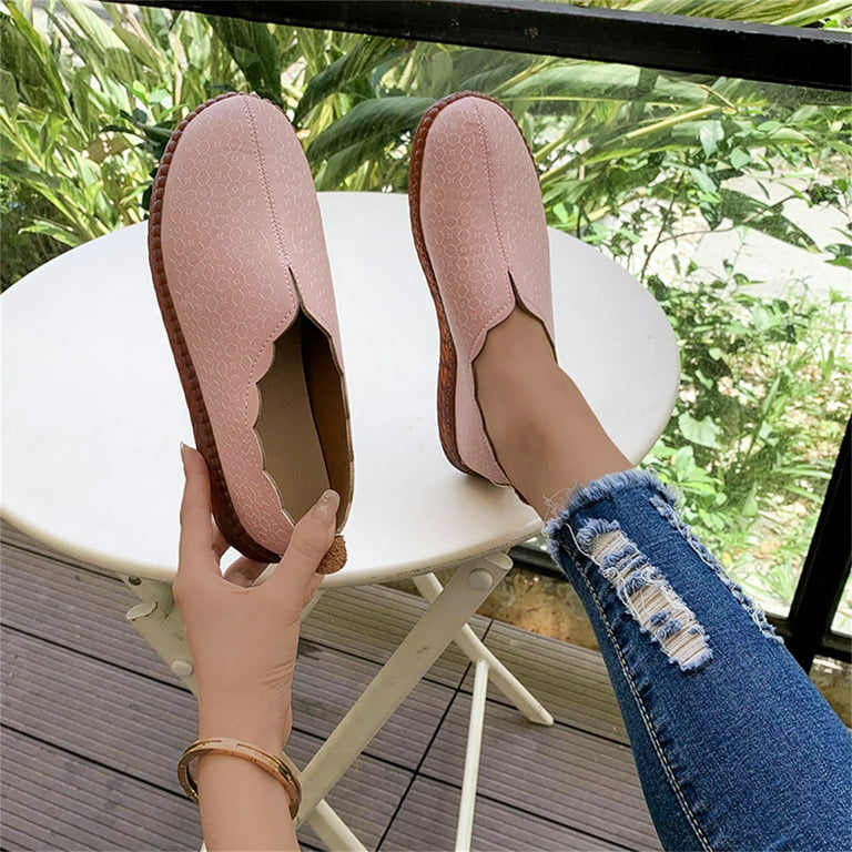 Aayomet Women Shoes Casual Slip on Ladies Fashion Solid Color Printing  Leather Round Toe Comfortable Flat Casual Shoes,Pink 7.5