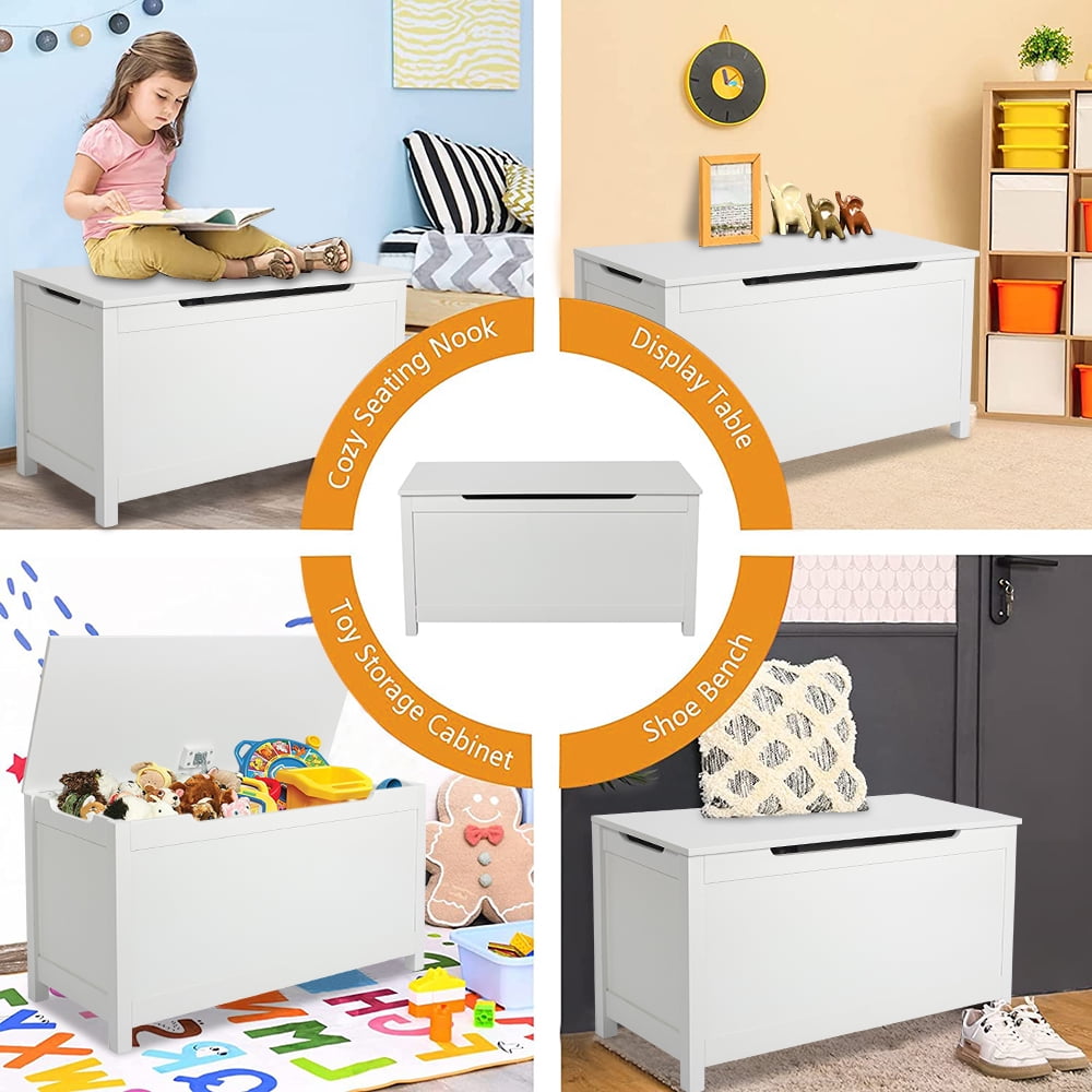 Toy Storage Organizer, Wood Kids Storage Bench, Girls Boys Kids Storage Bench for Entryway, Mudroom, Playroom, White, R538